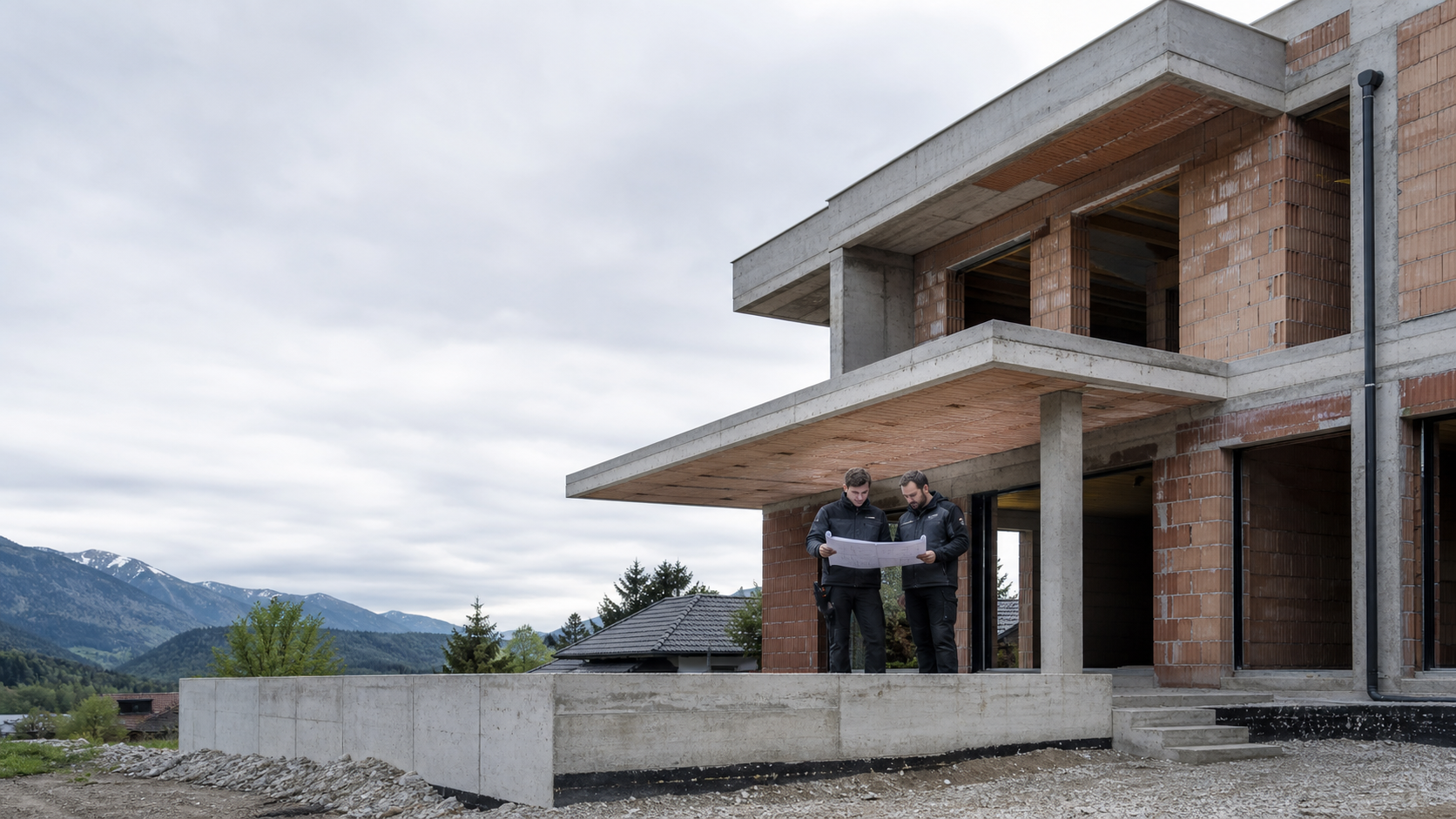 Moderner Rohbau in Kärnten mit zwei Fachleuten bei der Planbesprechung